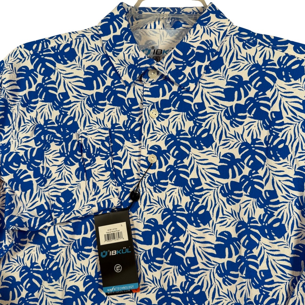 NEW IBKUL Long Sleeve Polo Mens Large White Royal Blue Tropical Icefil UPF 50+